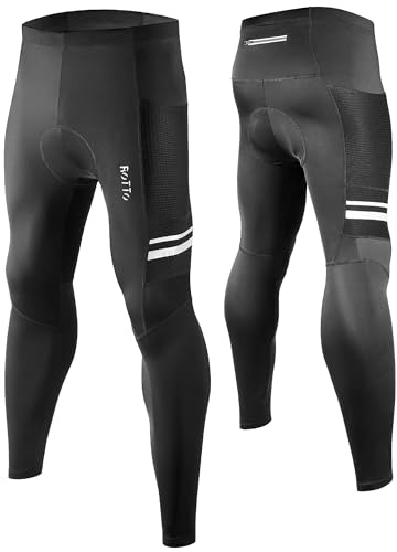 ROTTO Mens Cycling Tights Padded Biking Pants Bike Riding Leggings with Multiple Pockets