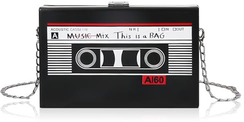 BORDEAG Schräge Radio-Form Handtasche, Retro Kassette Umhängetasche Damen, Schwarz, 19 x 5 x 12 cm, für 80er/90er Jahre Disco Party Dekoration