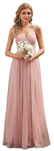 Ever-Pretty Abito da Sera Elegante per Donna a Lunghezza Lunga, Senza Maniche e in Tulle, Ideale per Damigelle Rosa 44