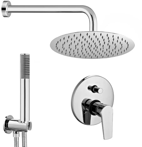 Set Doccia Completo Cromato Lucido, 2 Vie, Soffione Tondo Ø20cm, Braccio 35cm e Doccino Incluso Erika
