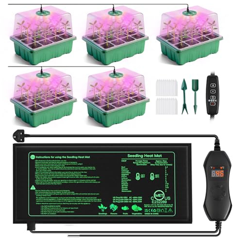 YAUNGEL Seed Trays with Grow Light, Heat Mat with Thermostat, 5 Pack 60 Cells Seed Starter Kit with Humidity Dome and Timing Controller, Propagator for plants, Germination Trays Kit for Indoor Plant