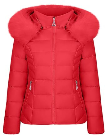 Duohropke Chaqueta de invierno para mujer, parka de invierno larga, abrigo acolchado cálido, chaqueta corta forrada de invierno, parka informal, chaqueta acolchada con capucha, rojo, M