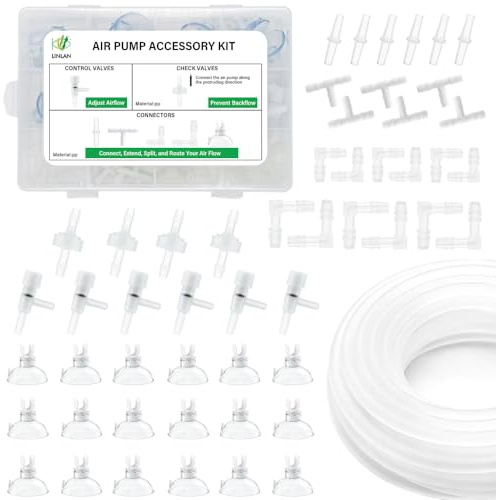 LINLAN 8M 4/6mm de Manguera de Silicona, Caja de Almacenamiento DIY, Kit Accesorios para Bomba de Aire de Acuario, 4 Válvulas Antirretorno, 6 Válvulas de Control, 24 Conectores, 18 Ventosas