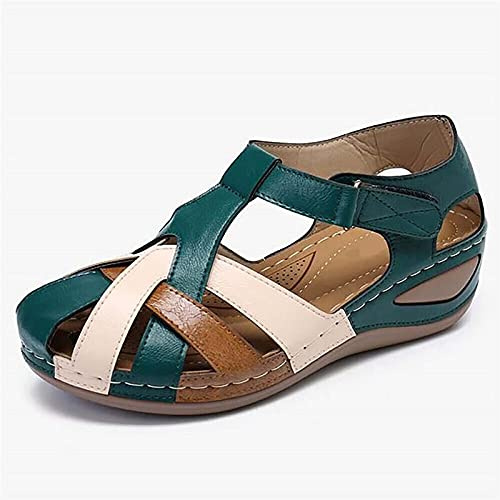 Bekväma sommarlädertofflor, avslappnad vintagestil, stängd tå, slip-on, kilsandaler, öppna tofflor, korsade platåskor, gröna, storlek US 4,5/