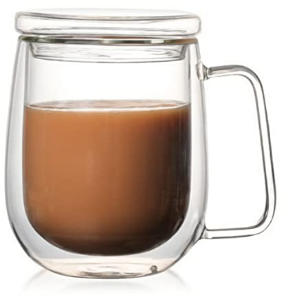 KNC Borosilicate Glass Coffee Mug with Lid Handle,12 oz Double-wall Insulated Milk coffee Cup, Thick Expresso Coffee Cups For Americano, Latte, Espresso, Cappuccinos Beverage and Tea, Clear