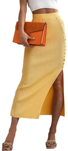 Onsoyours Femme Jupe Côtelé Longue Taille Haute Jupe Moulante Slim Casual Jupe Crayon Fendue Unicolore pour Printemps Eté Automne B Jaune M