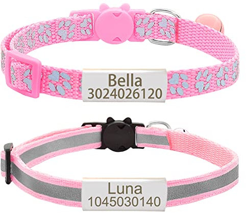 Senristar Personalisierte 2 Pack Reflektierende Katze Halsband, Benutzerdefinierte Breakaway Halsbänder Mit Namensschild und Glocke, Anti-Verlust Namensschild für Mädchen & Jungen