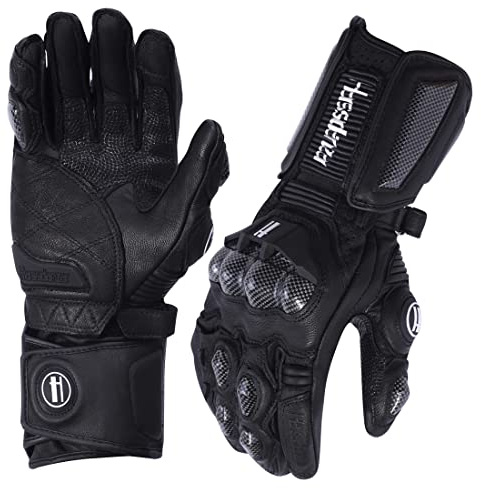 Harssidanzar Leather Motorbike Gloves for Men and Women,Powersports Carbon Fiber Knuckle Protection Motorcycles Gloves KM045,Black,Size XL