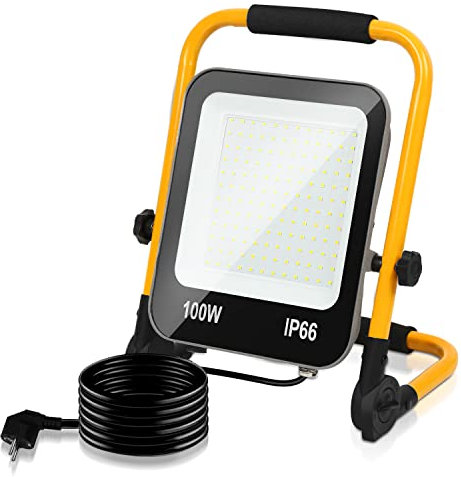 Yakimz 100W LED Proyector de Construcción Luz de Trabajo 10000LM 144 LEDs IP66 Impermeable Proyector de Construcción 6000K Luz de Trabajo Blanco Frío Plegable Luz Exterior, Para Uso Interior
