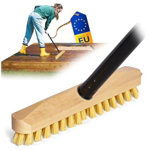 Schrubber aus Holz mit Borsten Wischer mit Gewinde und Steckstiel vierteilig - Scheuerbürste PPN Boden-Bürste Ideal für Reinigung von Balkon Terrasse Garten Innen- Außenbereich
