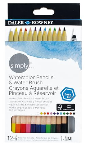 Daler Rowney Simply Watercolour Buntstift-Set mit 1 x Wassertankstift, 12 Farben, ideal für Anfänger und Hobbyisten