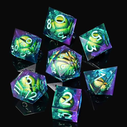 Beholder's Dragon Eye DND Dice Set,Sharp Edge Liquid Core Resin Handmade Cat Eye Dice with Gift Box 7 PCS for Role Playing Dungeons and Dragons Ttrpg(Green Purple Dragon Eye)