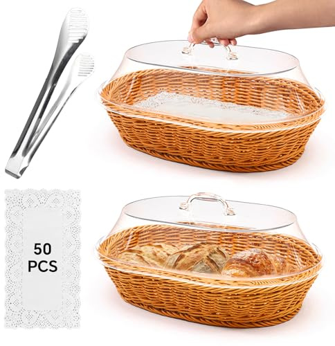 Rattan Bread Baskets, 2 Pack, Oval Woven Baskets with Acrylic Lids, 15.75 x 11.81 inches, Stainless Steel Tongs, Lace Doilies, for Bread, Fruit, Food Display