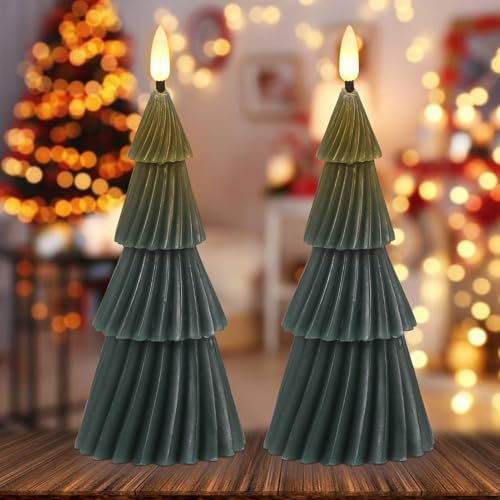 Wondise Christmas Tree Flameless Candles with 6hrs Timer, Real Wax Battery Operated 3D Wick LED Candles Flameless Flickering Candles for Christmas Holiday Decor (2 pcs 3 x 7.1)