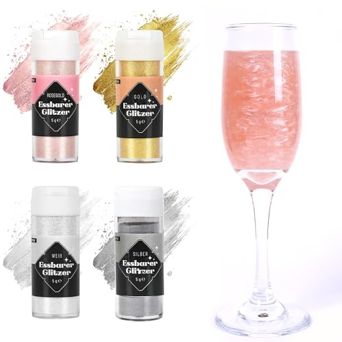 Essbares Glitzer Set 5g x 4 Farben Glitzerpulver für Getränke, Geschmacksneutrales Lebensmittelfarbe Pulver, Glitzerpuder für Torten Schokolade, Kuchen, Fondant, Drinks, Flüssigkeiten
