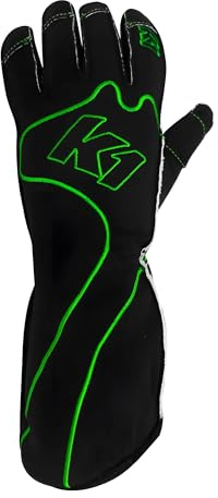 K1 RaceGear Driving Gloves, RS1, Single Layer, Cotton/Polyester, Black/Green, Large, Pair