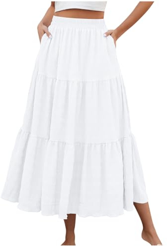 Flodxo Damen Röcke Elastische Taille Sommer Maxikleider für Frauen UK Elegant Casual Boho Lange Röcke mit Taschen Vintage Flowy Geraffte Rüschen Strand A-Linie Kleid für Urlaub Party, weiß, L