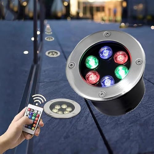 RGB Outdoor Recessed Spotlight - Landscape Lights, 6W Color Changing Garden Spotlights with Remote Control, IP67 Waterproof LED Recessed Floor Spotlight, Round Buried Outdoor Spotlights(6W(220V))