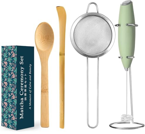 MONOJOY Electric Matcha Whisk Set 4 PCS Matcha Making Kit Powder Mixer Electric Milk Frother Traditional Tea Scoop Chashaku, Spoon, Sifter, Durable Coffee Stirrers Maker Tools Gift for Lovers Beginner