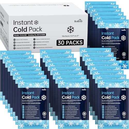 Rokehr Bolsa de Frío Instantáneo 30 Piezas, Compresa Fría Instantánea Desechable para Deportes Casa Viajes Senderismo - 16x10CM Instant Ice Pack