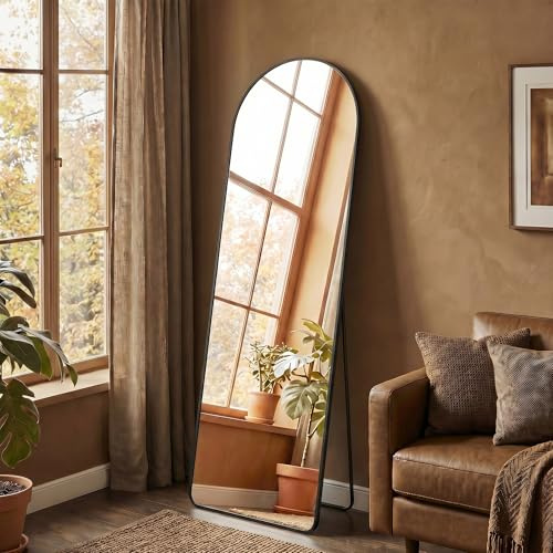 SONGMICS Full Length Mirror, Arched Full Body Floor Mirror with Stand, Aluminium Alloy Frame, Tempered Glass, for Bedroom, Living Room, Cloakroom, Rounded Corner, 150 x 40 cm, Matte Black LFM055BD01