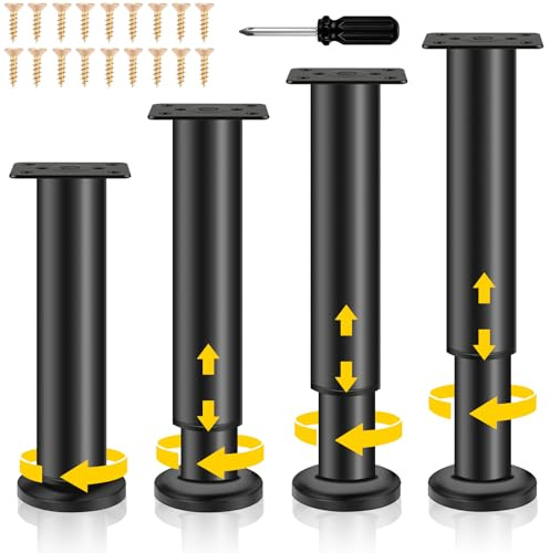 Ouxayapl Pieds de Meubles Réglables, 4 Pieds de Meubles Métal Noir, Pied Meuble, Pieds Universels Ajustables pour Meubles pour Canapé, Lit, Armoire, Table, avec Vis, Hauteur Réglable (25-43 cm)