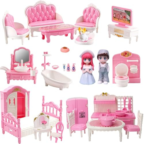 Princess Dollhouse Furniture Set, 48 Piece Luxury Miniature Accessories Collection with Living Room, Bathroom, Bedroom，Kitchen, TV Entertainment Set (Pink)