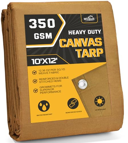 Winpull Heavy Duty Canvas Tarp 10x12 ft, 12oz (350 GSM) Cotton Canvas Water-Resistant Tarp with Rustproof Grommets, Tear-Resistant Outdoor Cover for Wood Piles, Camping, Trailer & Equipment