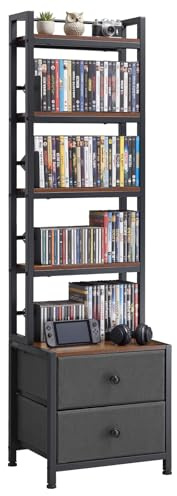 VEVOR Media Storage Cabinet, 4-Shelf DVD Shelf Organizer with Drawers, 15.75 x 11.81 x 56.50 in Multimedia Storage Organizer for CDs, DVDs, Books and Games, CD Cabinet for Living Room, Home Office