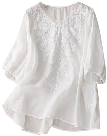 Chemisier Femme Coton Lin Blouses Ample Tunique D'été Bohème Vintage Broderie Top Hauts Manches Courtes Col V Chemise Décontractée Imprimé Fleuri T-Shirt Grande Taille Respirant Chemise Léger de Plage