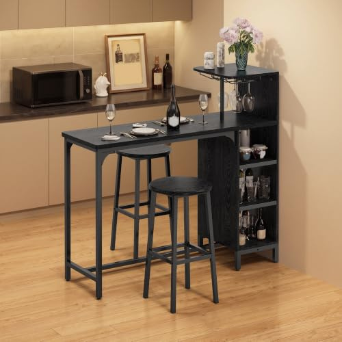 Xbro Ensemble Table de Bar avec 2 Tabourets, Table de Bar Style Industriel avec Porte-Verres, Porte-Bouteilles, Casier à Vin, Étagères Latérales, 120 × 40 × 120 cm, Noir | Table de Bar Style Industriel avec Porte-Verres, Porte-Bouteilles, Casier à Vin, Étagères Latérales
