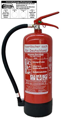 Brandengel® Feuerlöscher 6kg ABC Pulver Brandklasse ABC, EN3, Manometer, Messingarmatur + Sicherheitsventil, Pulverlöscher mit Kunststoffstandfuß Ohne Wandhalter (Mit Prüfnachweis U. Jahresmarke) Büro