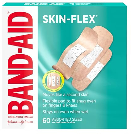 BAND-AID Brand Skin-Flex Adhesive Bandages for First Aid & Wound Care of Minor Cuts, Scrapes & Burns, Flexible Sterile Bandages Great for Fingers, Hands & Knees, Assorted Sizes, 60 ct