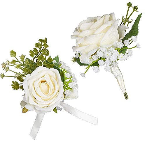 1 Satz Boutonniere Hochzeit Rose, Boutonniere Braut, Blume Handgelenk Corsage, Rose Boutonniere, Ansteckblume, für Hochzeiten, Bankette, Jubiläumsdaten Usw (Weiß)