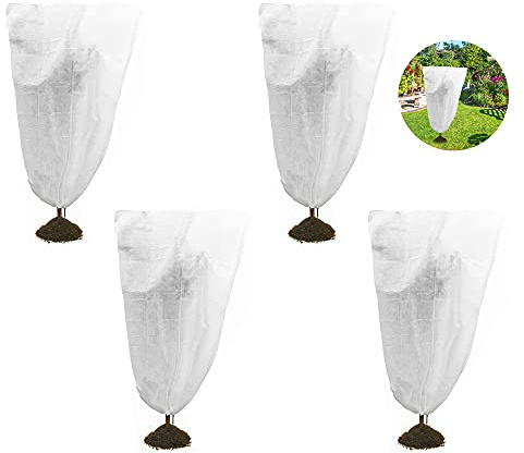 MOPOIN Housses de Protection pour Plantes, 4pcs Voile Hivernage Plante, Réutilisable Housse Hivernage Plante, Housse D'hivernage, Protection Plantes Hiver avec Cordon,100 x 80CM