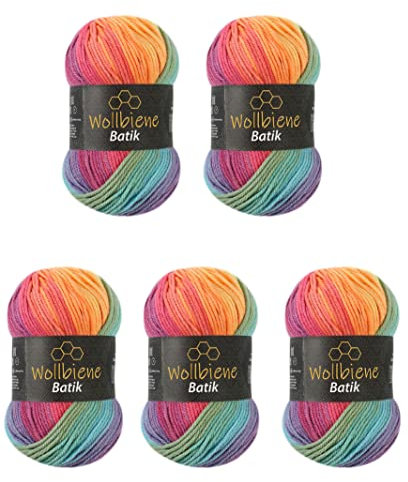 5 x 100 g Wool Bee Batik 500 g Wool with Colour Gradient Multicoloured Knitting Wool Crochet Wool (5040 Pastel Rainbow)