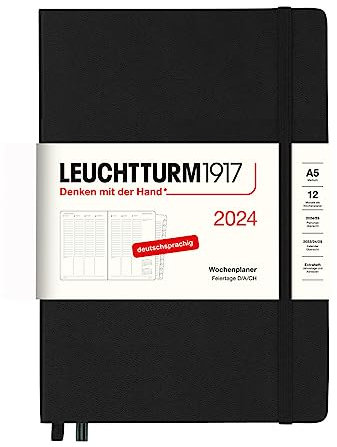 LEUCHTTURM1917 367838 Wochenplaner Medium (A5) 2024, mit Extraheft für Adressen und Jahrestage, Schwarz, Deutsch, 12 Monate