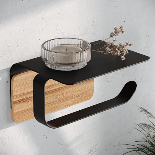 KAZAI.® Designer Toilet Roll Holder Leif - With Shelf | Wall Mounted & Self Adhesive (No Drilling) | Stainless Steel & Genuine Wood Bamboo | Bathroom Toilet Paper Holder | Matte Black