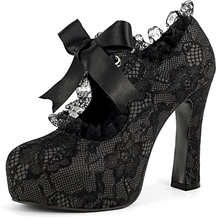 elerhythm Chaussures pour femme avec pointe fleur Mary Jane Punk à bout fermé Costume Élégant Gothique Escarpins Vintage à plateforme à talons hauts, Noir , 41 EU