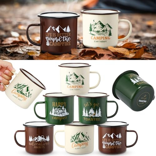 Maxcheck 6 Pcs Camping Gifts Camping Mugs 15oz Happy Campers Campfire Tea Cups 3 Styles Travel Holiday Enamel Coffee Cup for Drinking Outdoor Couples Ceramic Mug Wedding Camping Lover Holiday Gifts