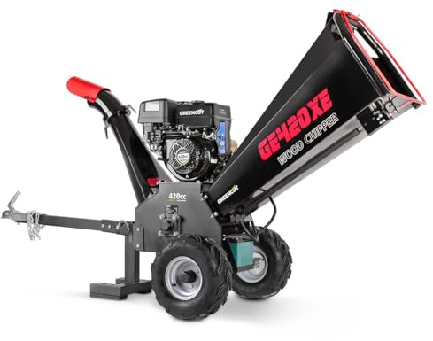 GREENCUT GE420XE - Broyeur - Puissant moteur à essence de 15 CV, diamètre de coupe jusqu'à 120 mm, démarrage électrique, lames réversibles doubles, trémie grande capacité, attelage de transport.