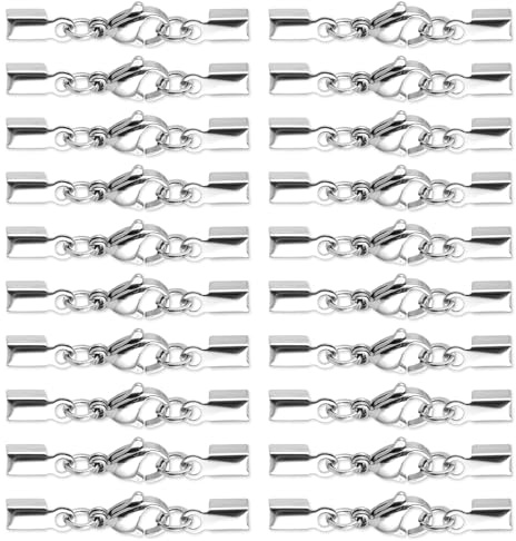 Molain 20pcs Lobster Claw Clasps with Fold Over Cord Ends, DIY Jewelry Making Accessories Set, Stainless Steel Lobster Claw Clasps Buckle Hook Fastener for Pendants Bracelet Necklace Crafts