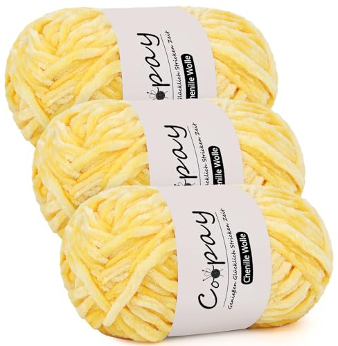 Coopay Chenille Wolle zum Häkeln, 3x100g Samtig Garn, Dicke Flauschige Weiche Wolle, Weicher Plüschwolle Häkelgarn für Decken, Schals - Gelb