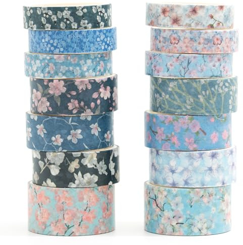 Songdao Sakura Washi Tape Set 14 rullar blommor dekorativ tejp färgglad för scrapbooking, bullet dagbok, planerare, presentförpackning (midnattsblomma)