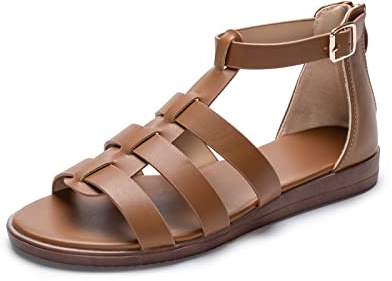 Ophestin Sandalias romanas de gladiador para mujer, sandalias planas con tiras en el tobillo, sandalias de verano, Brown, 39.5 EU