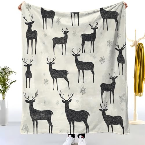 Coperta Plaid Pile di Flanella 130x150 cm, Silhouette di Mandria di Renne Calda e Morbida Coperta Pelosa Per Letto Singolo, Fiocchi di Neve Beige Coperta Morbida Leggera per Divano, Campeggio e Viaggi