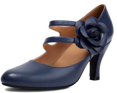 graceretro Damen Mary Jane Schließen Runde Zehenpartie 1930er Jahre Vintage 1950er Jahre Absätze Blume Doppelriemen Retro 1920er Jahre Viktorianisch Pumps Schuhe (Blue EU40)