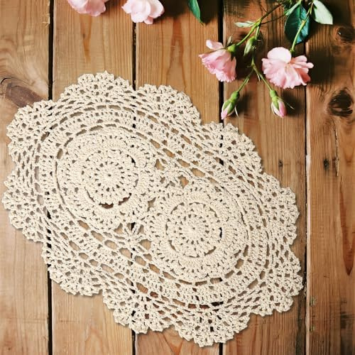 2 Stück Spitzendeckchen,25x35cm Rund Häkeldeckchen,Baumwolle Tischset Beige Platzdeckchen,rutschfest Hitzebeständige Deckchen mit Lochmuster,für Küche,Esszimmer,Kommoden,Hochzeit,Party Dekoration
