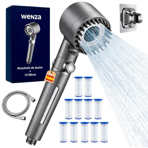 WENZA Cabezal de ducha con filtro y Filtros recambio Ducha Antical - Oasis Alcachofa de Ducha con Filtro Alta Presión con Manguera 1,5 m y Soporte Pared