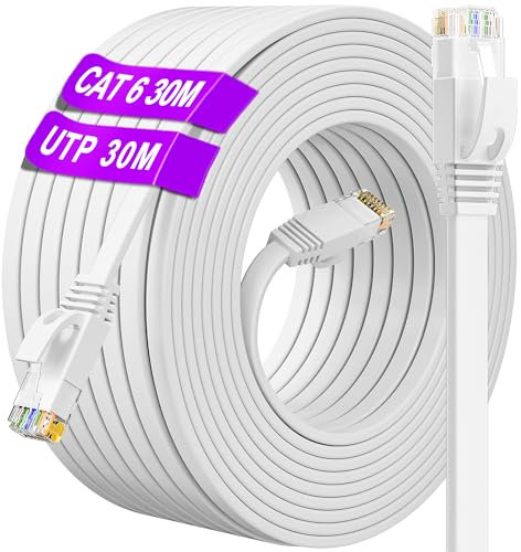 Cable Ethernet 30 metros, Cat 6 Cable de Red 30 metros Blanco, Largo Plano Cable LAN Alta Velocidad 1000Mbps 250MHz, Gigabit Cable RJ45 Cat6 30m Cable Internet para Router Switch Módem PC (30 Clips)